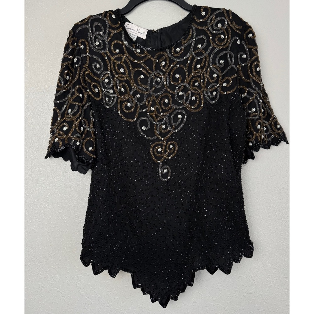 Laurence Kazar Vintage Beaded Silk Top Black Gold Silver Pearl Evening Blouse 1X